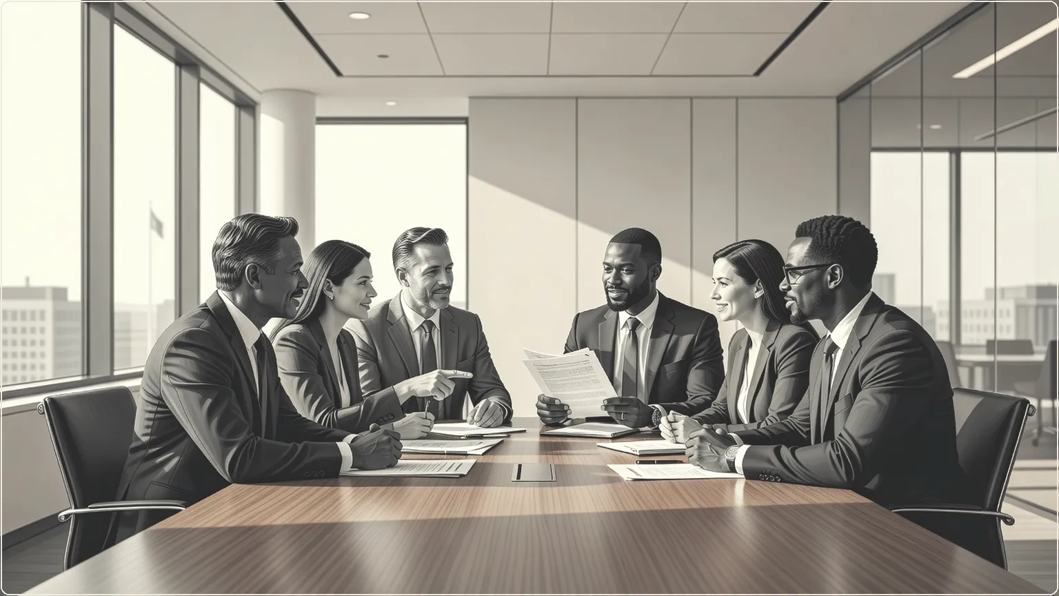 Colleagues in a meeting room discussing ideas around a table