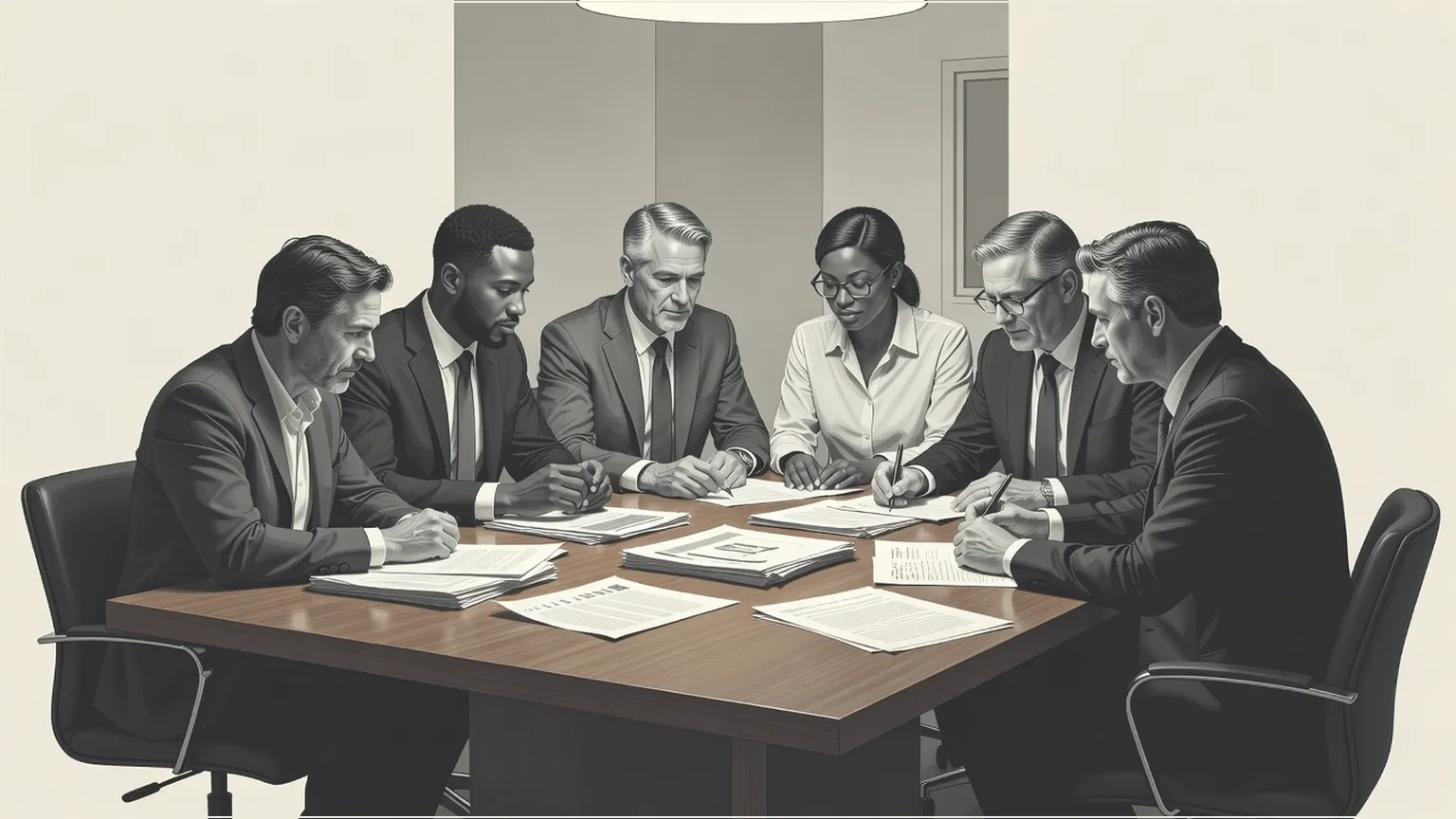 Colleagues discussing documents at a meeting table