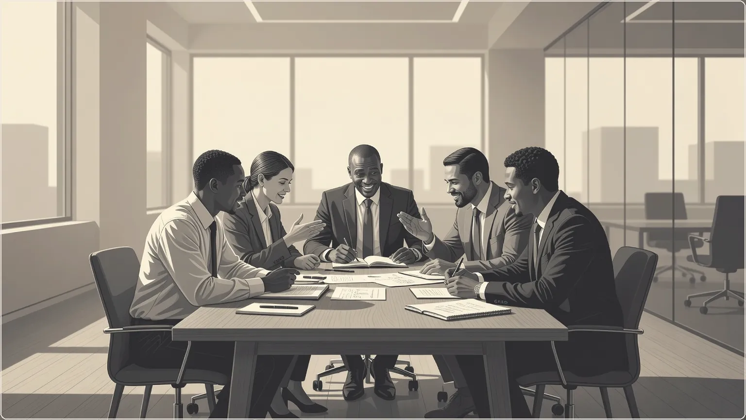 Colleagues in a meeting room discussing around a table