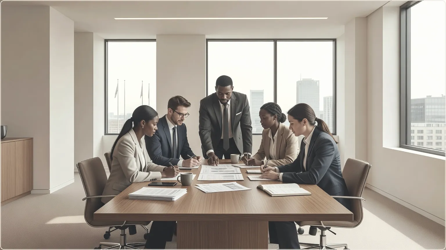 Team, der diskuterer noter sammen ved et mødebord