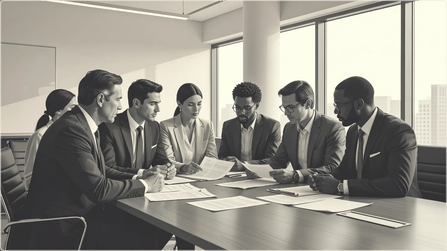 Professionals discussing notes together at a meeting table