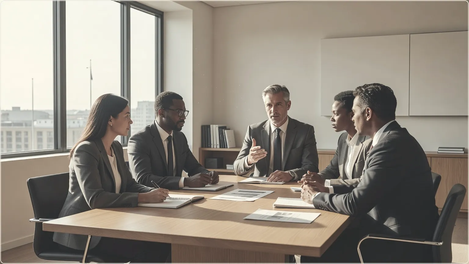 Professionals in a meeting discussing around a conference table