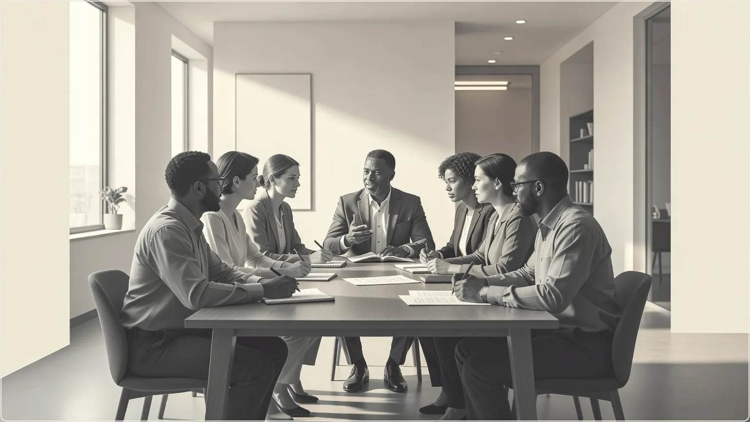 Professionals in a meeting discussing ideas around a conference table