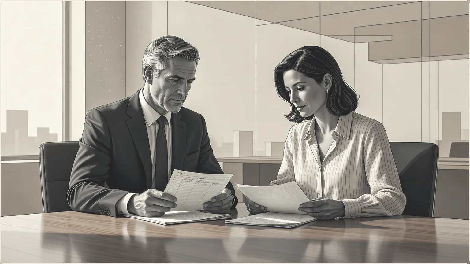 Two colleagues reviewing a scorecard together at a sunlit office table