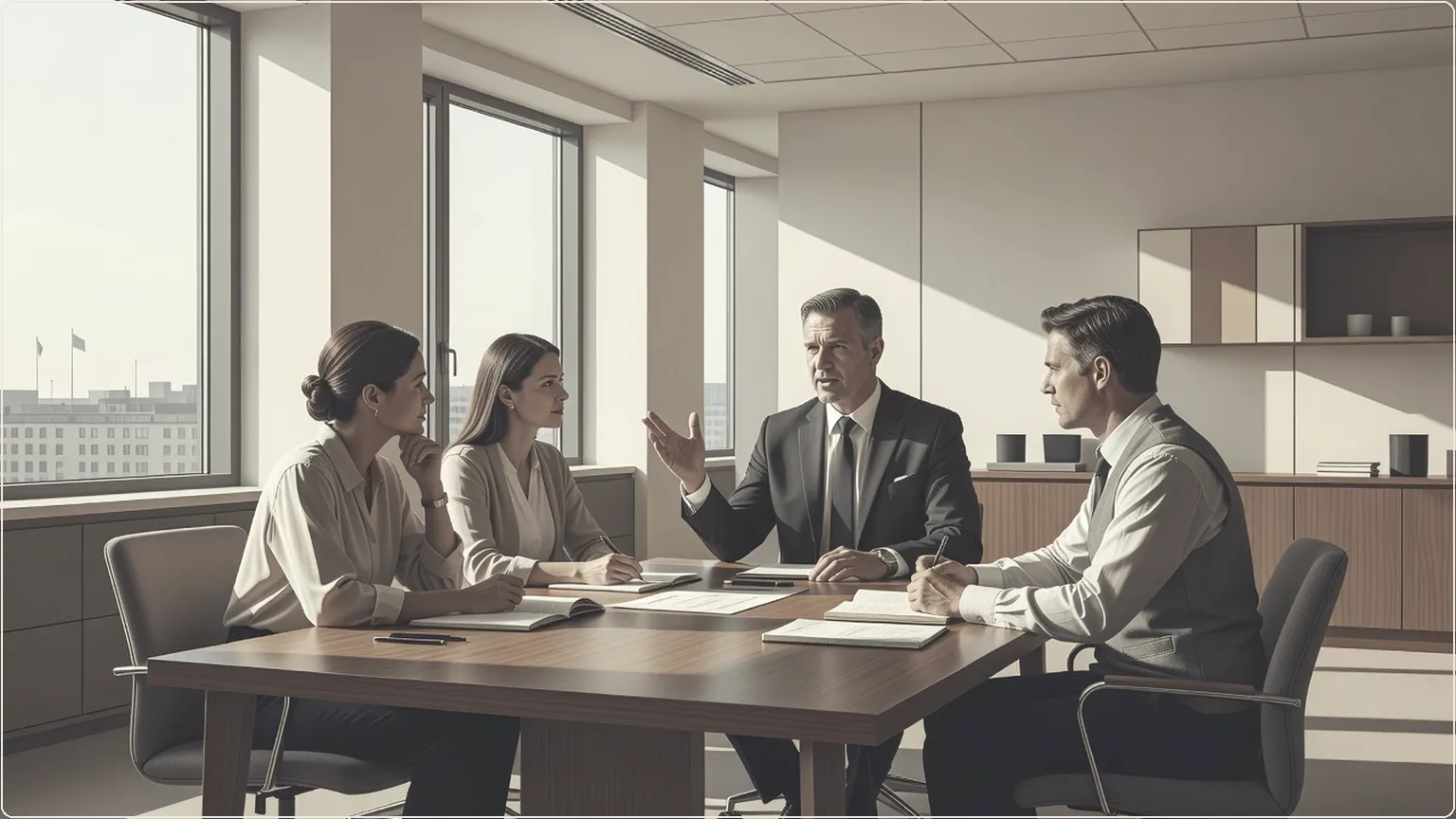 Colleagues in a meeting discussing around a conference table