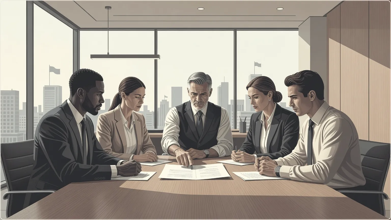 Professionals in a meeting discussing ideas around a conference table