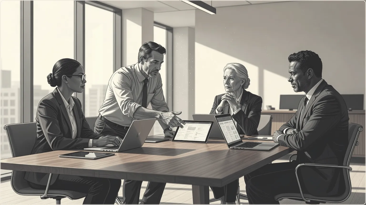 Colleagues in a meeting room discussing tools on their devices