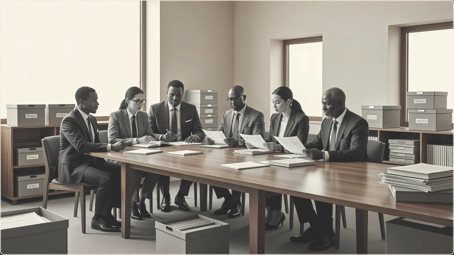 Professionals organizing meeting notes into archival boxes in a sunlit conference room