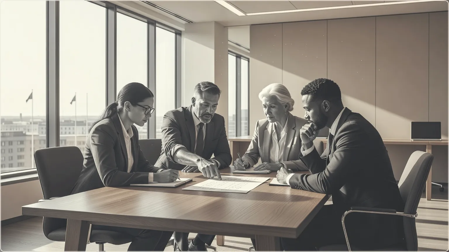 Team collaborating around a conference table in a bright office meeting