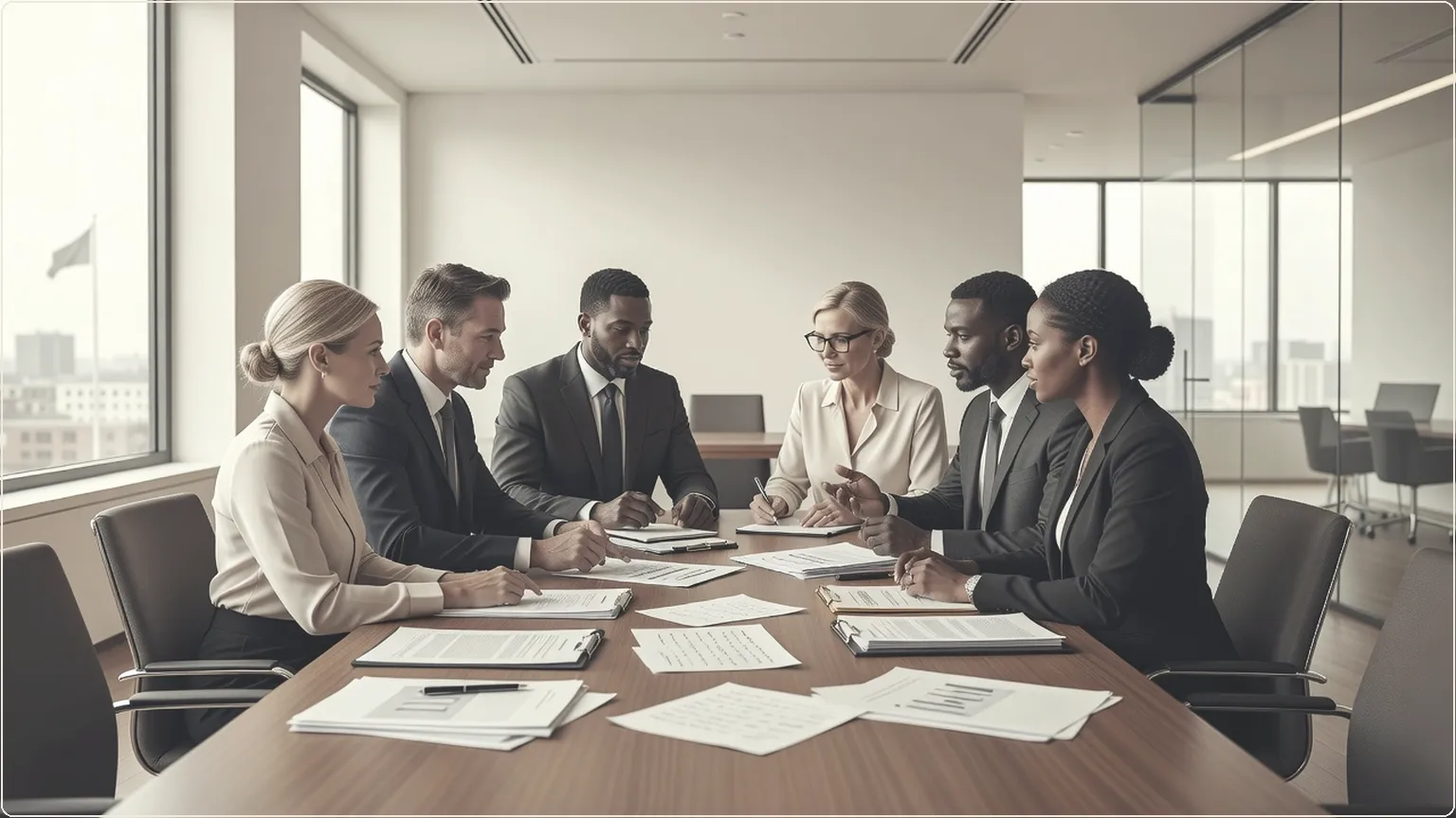 Professionals collaborating over documents during a meeting