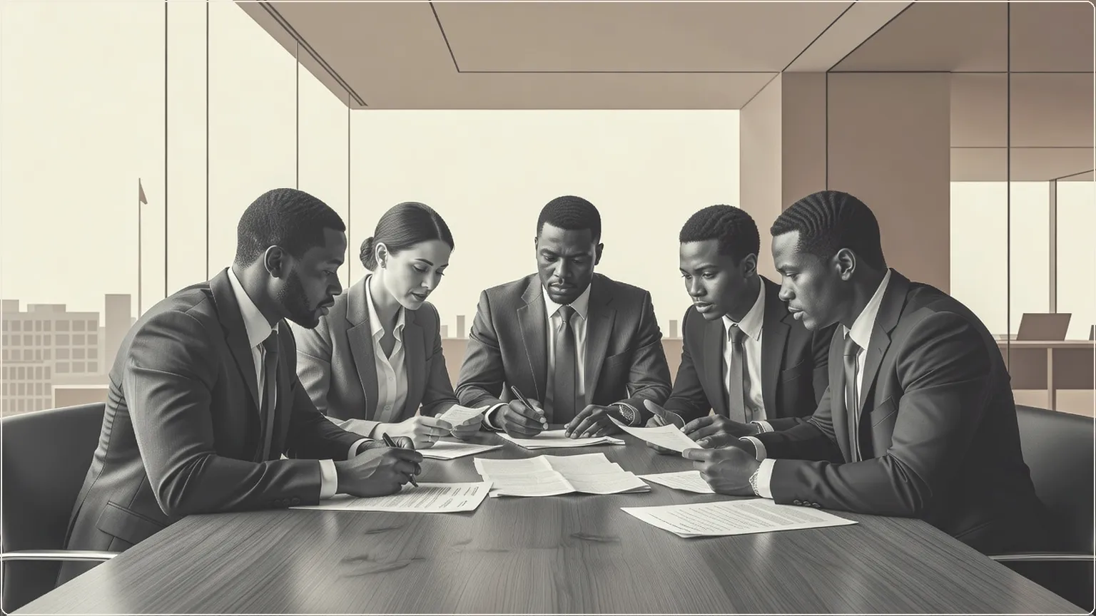 Colleagues discussing meeting notes around a conference table