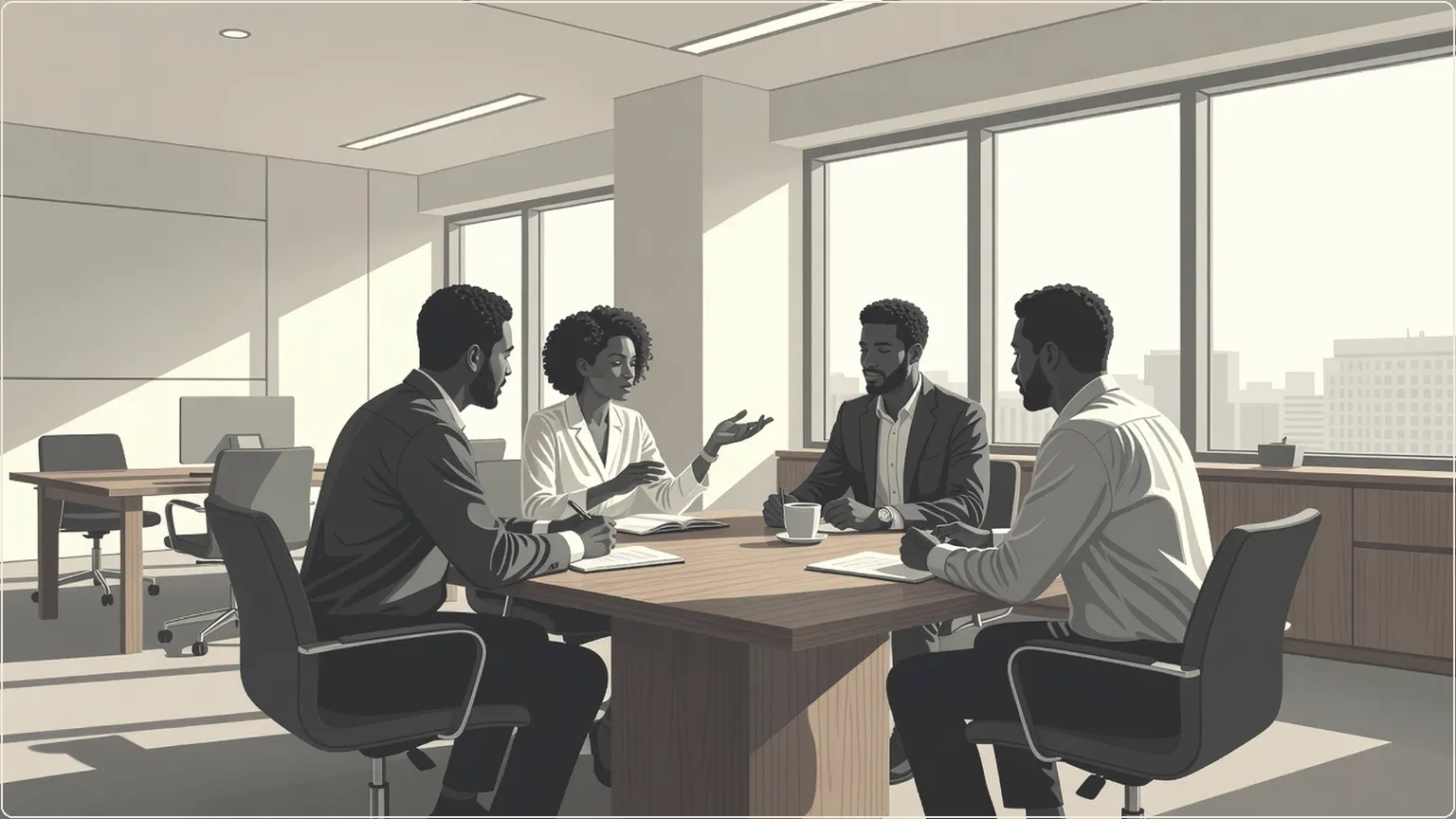 Professionals in a meeting room engaged in discussion
