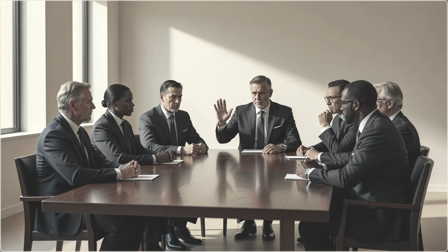 Executives around a boardroom table during a serious discussion