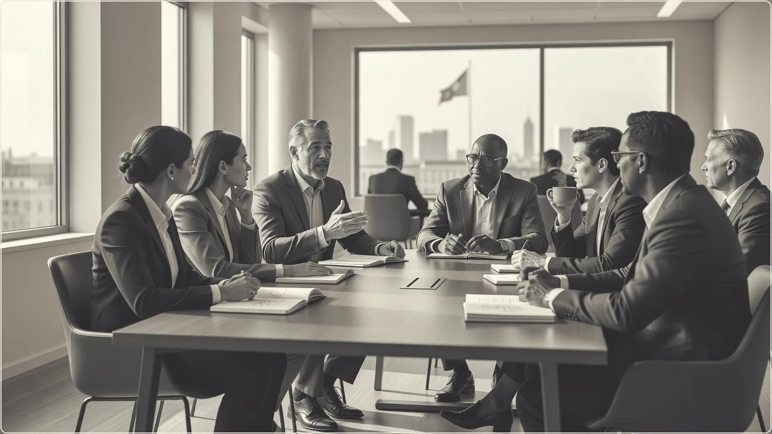 Professionals in a meeting discussing and listening around a conference table