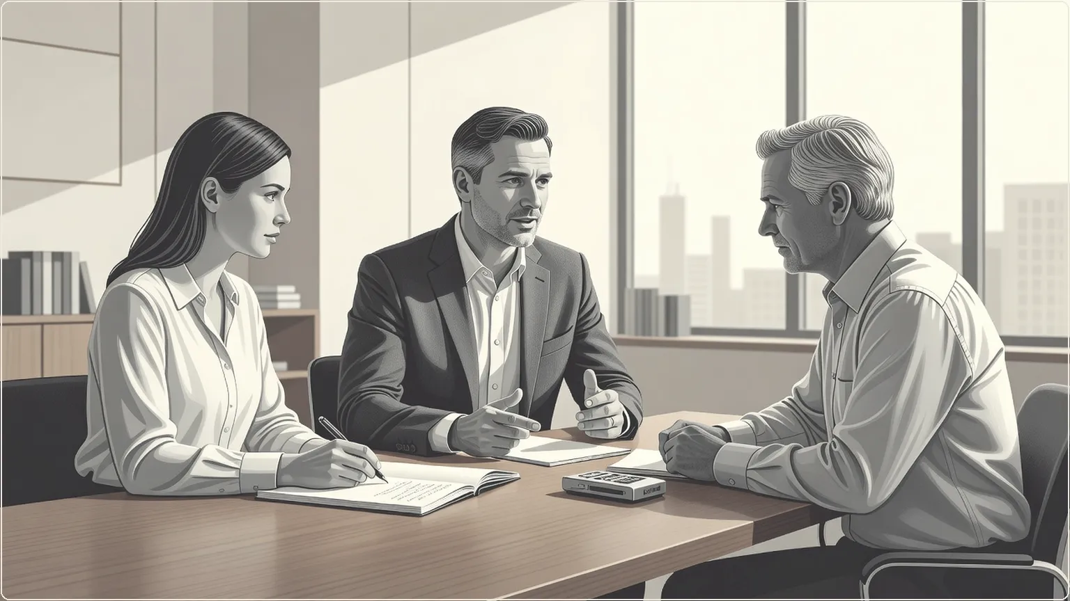 Colleagues in a meeting, one dictating notes to a colleague writing on paper
