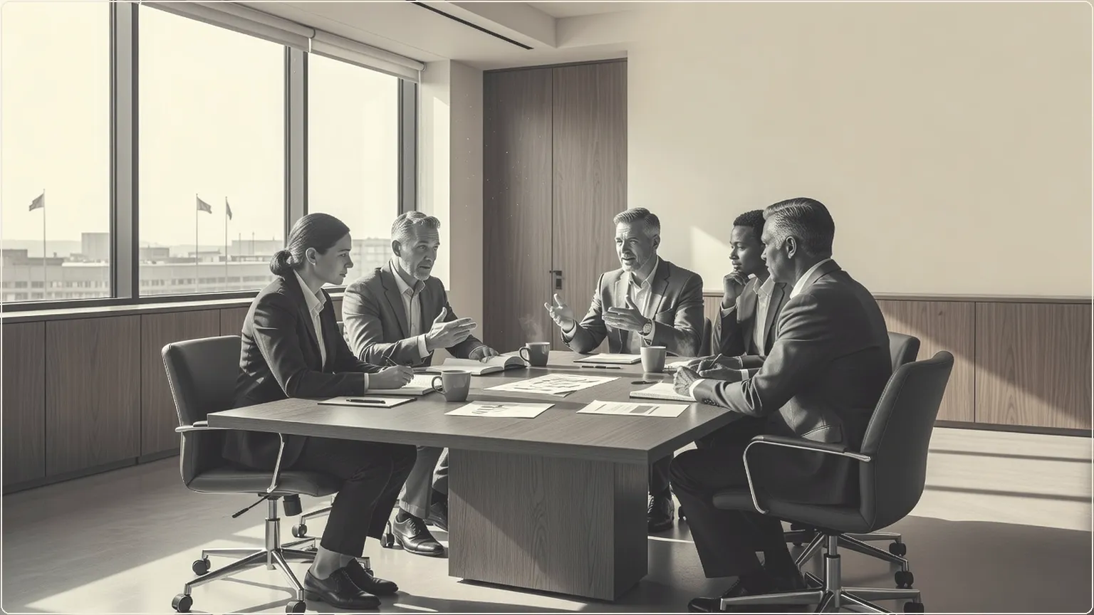 Colleagues in a meeting discussing ideas around a conference table