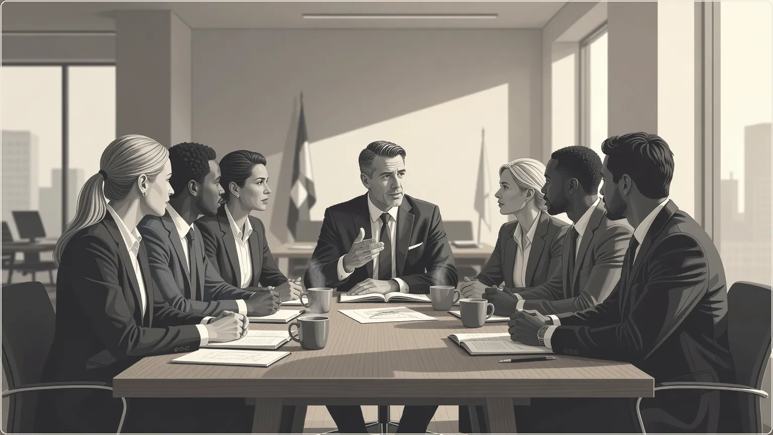 Professionals engaged in a collaborative office meeting around a conference table