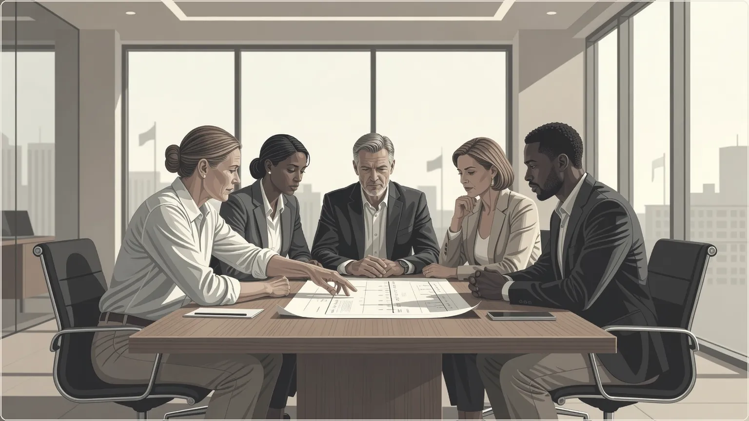 Team collaborating around a conference table with notes and a timeline