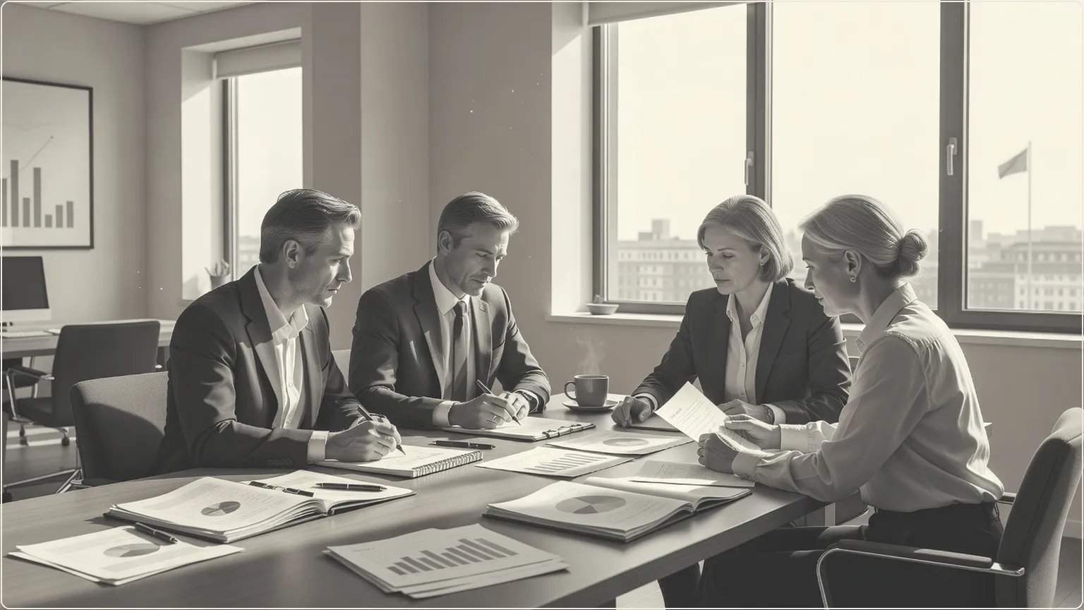 Team discussing ideas around an office conference table