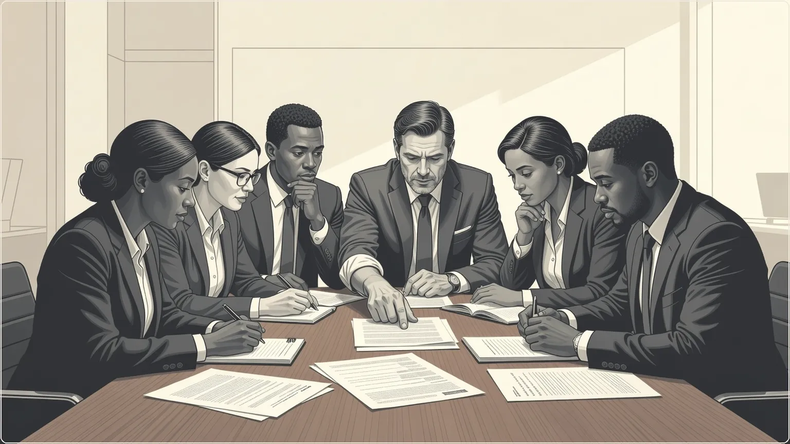 Professionals in a meeting reviewing summaries and action items on paper