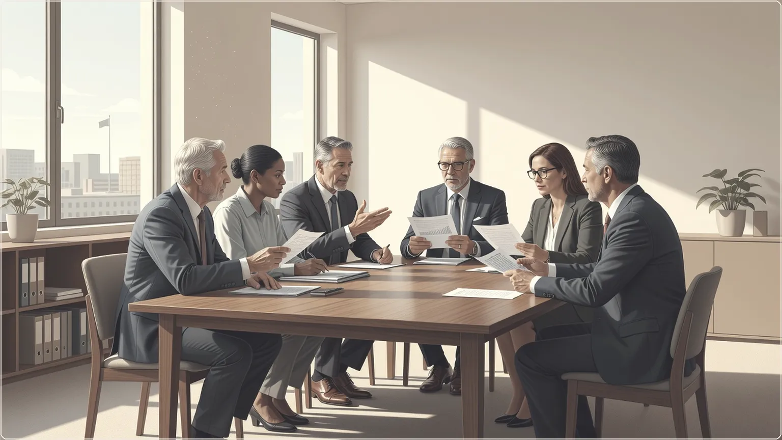 Professionals collaborating over printed notes during a meeting in a bright office