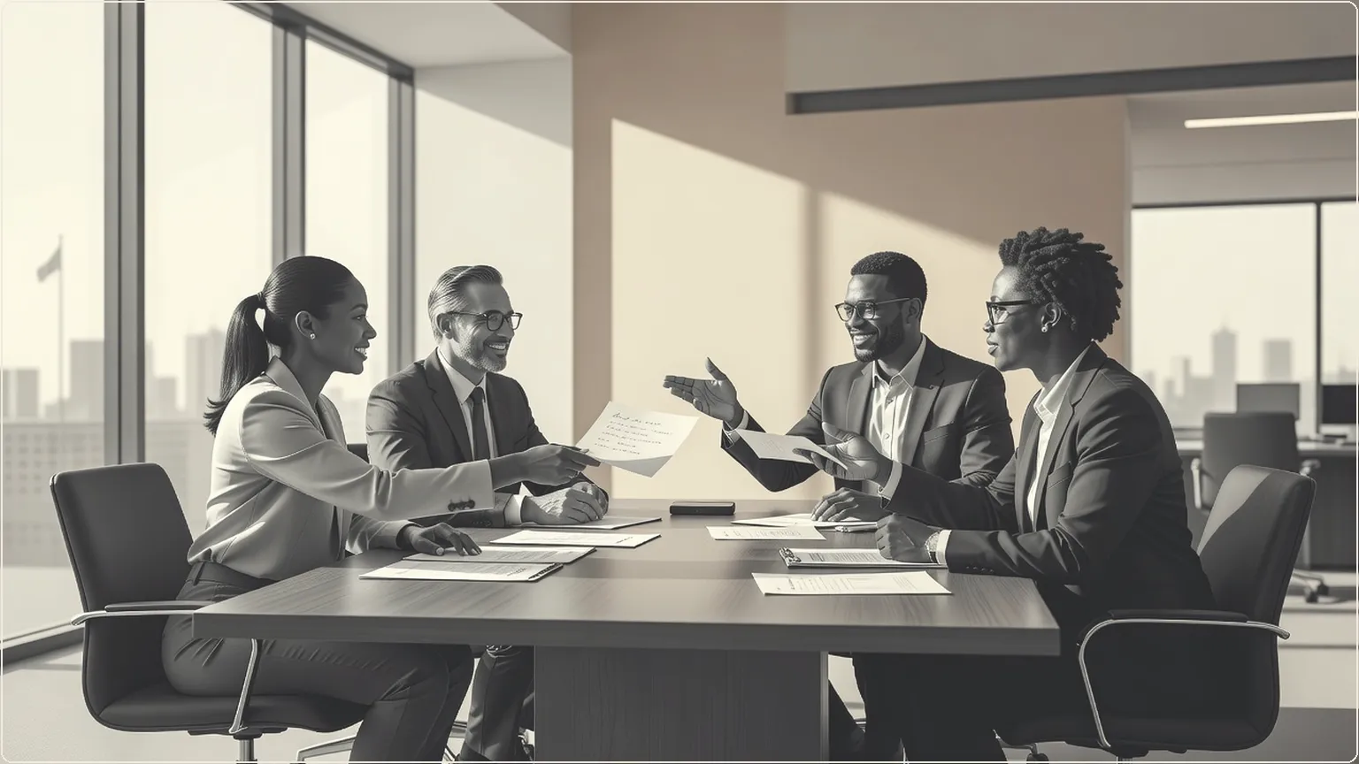 Professionals exchanging documents during a collaborative office meeting