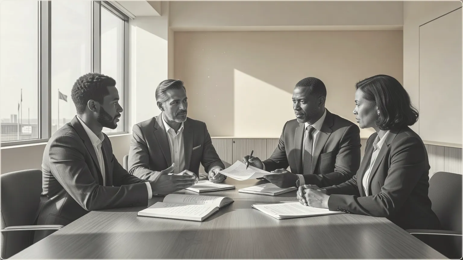 Professionals reviewing meeting notes together at a conference table