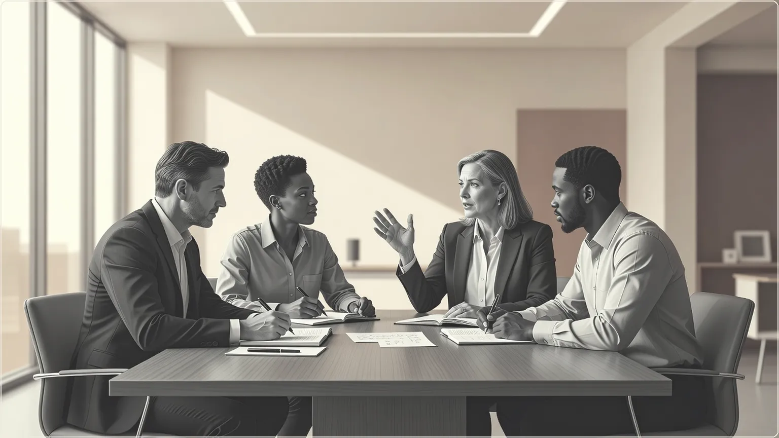 Colleagues in a meeting around a conference table with notebooks
